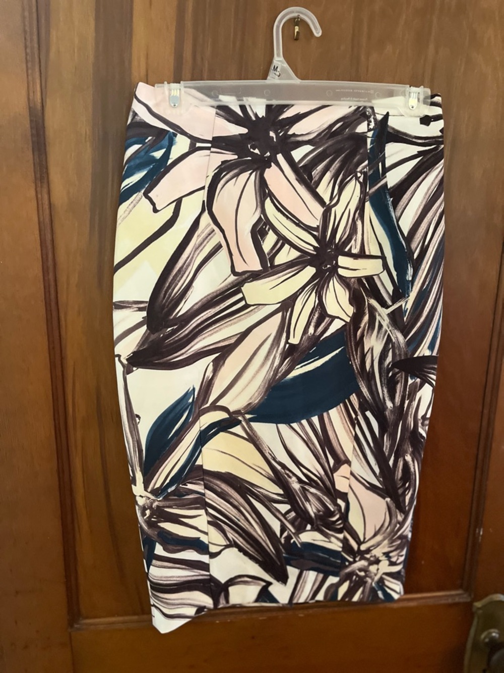 Floral Pencil Skirt in Cream, Navy & Brown